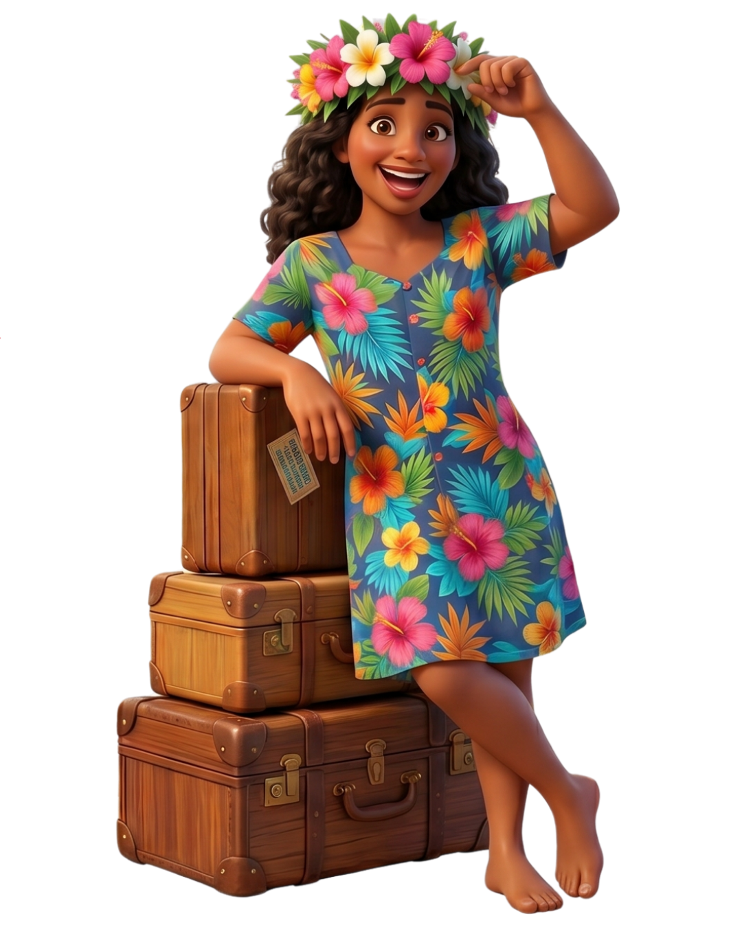 Mascote feminina ao lado das malas de viagem