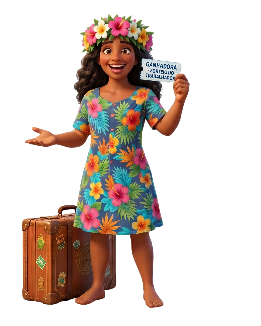 Mascote feminina mostrando o cupom da campanha