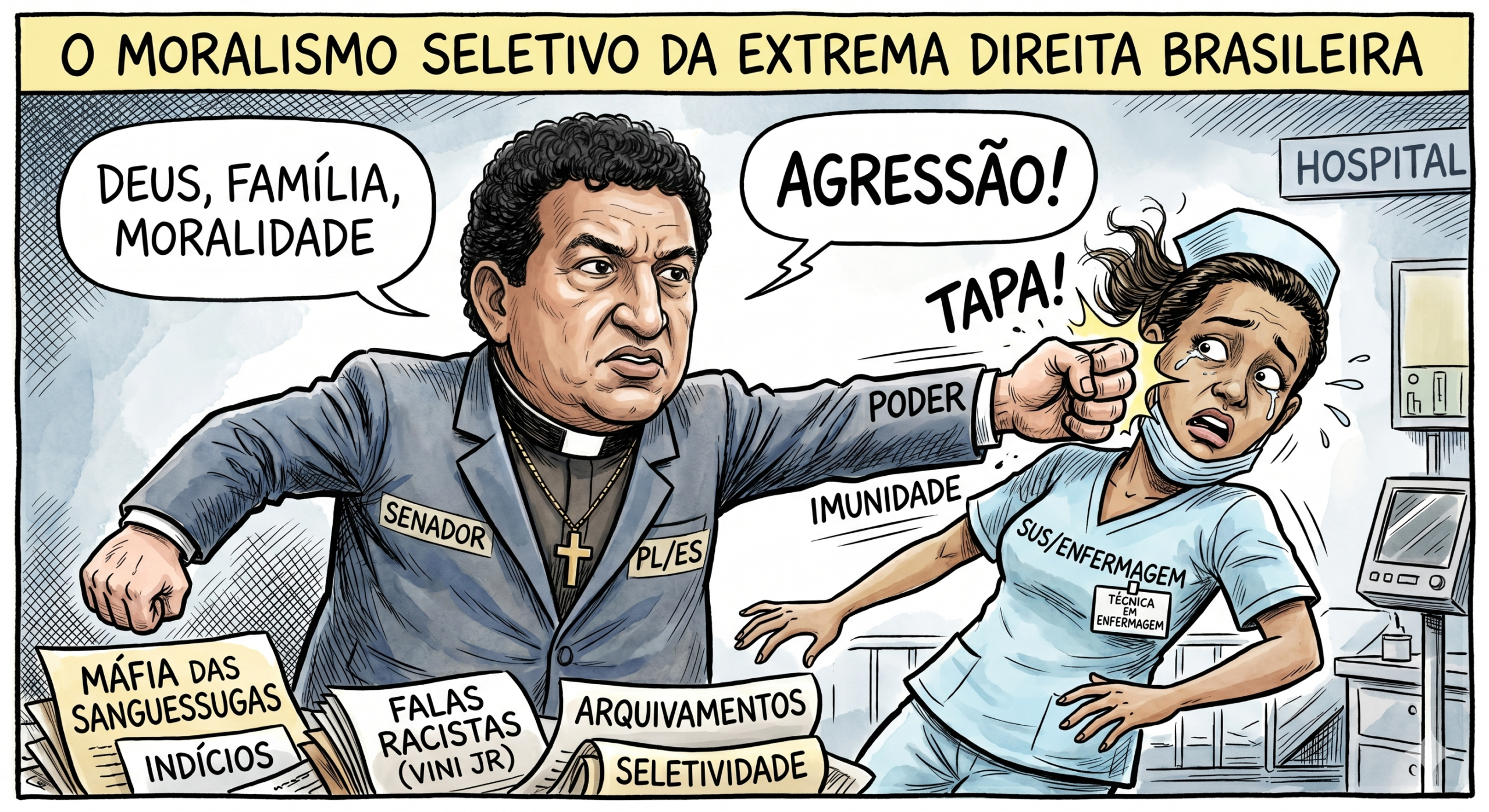 Charge crítica sobre o moralismo seletivo da extrema direita brasileira
