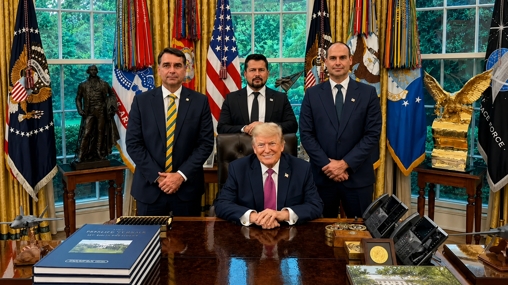 Encontro dos irmãos Flávio e Eduardo Bolsonaro com o presidente norte-americano, Donald Trump